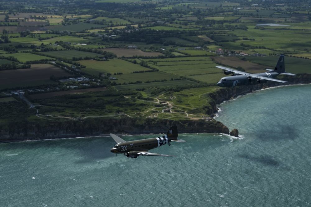 D-Day C-47, Heritage C-130J fly over Normandy