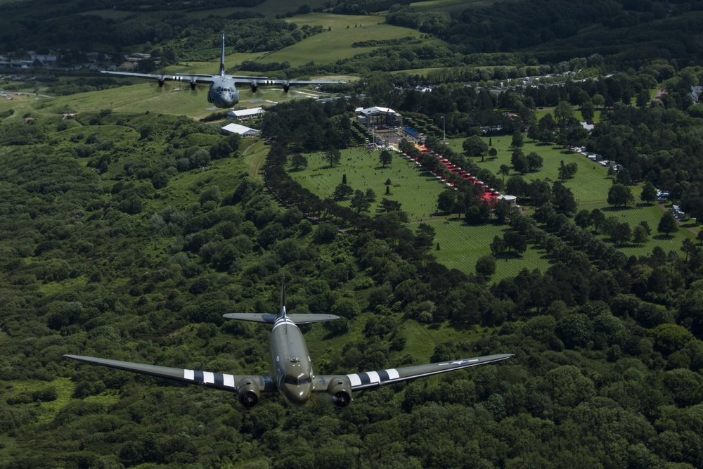 D-Day C-47, Heritage C-130J fly over Normandy