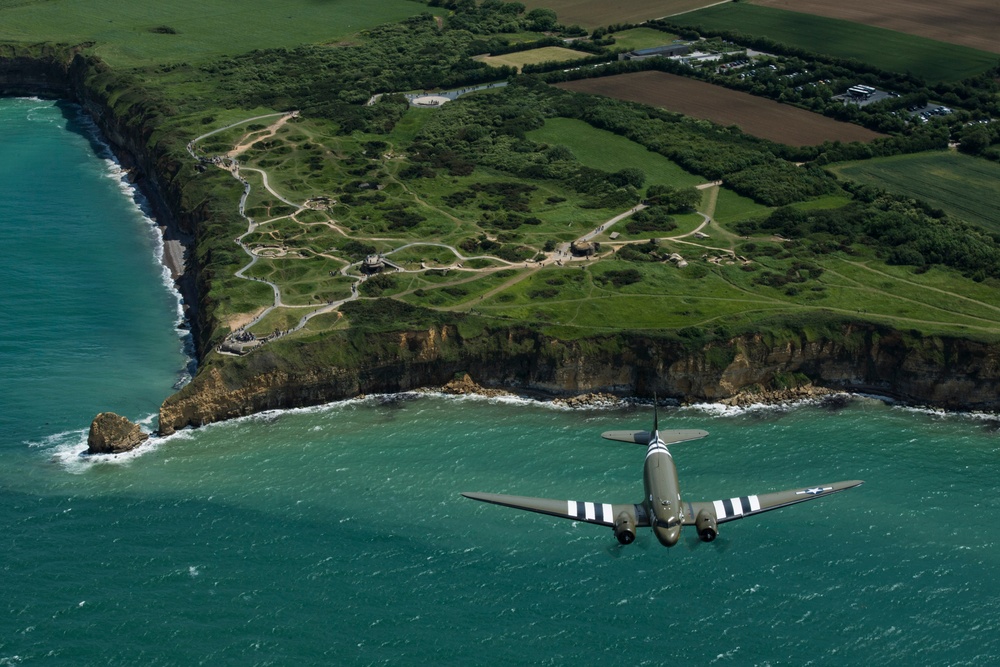 D-Day C-47, Heritage C-130J fly over Normandy