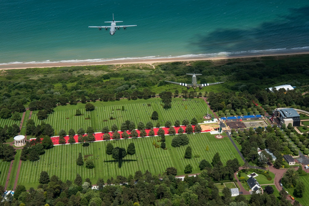 D-Day C-47, Heritage C-130J fly over Normandy