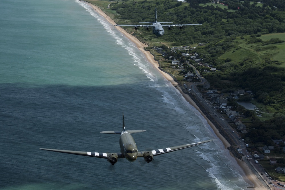 D-Day C-47, Heritage C-130J fly over Normandy