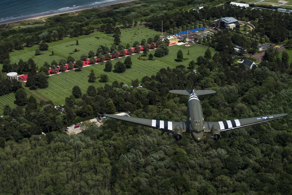 D-Day C-47, Heritage C-130J fly over Normandy