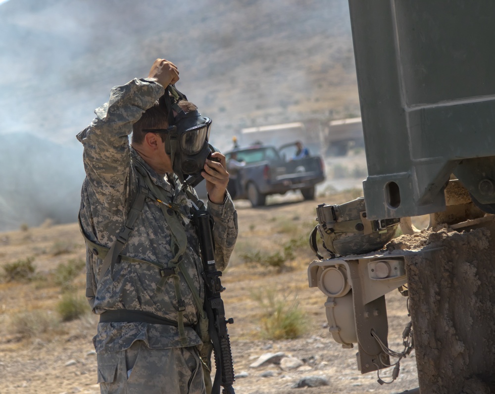 Idaho Army National Guard Soldiers from the 145th Brigade Support Battalion, 116th Cavalry Brigade Combat Team, don protective masks