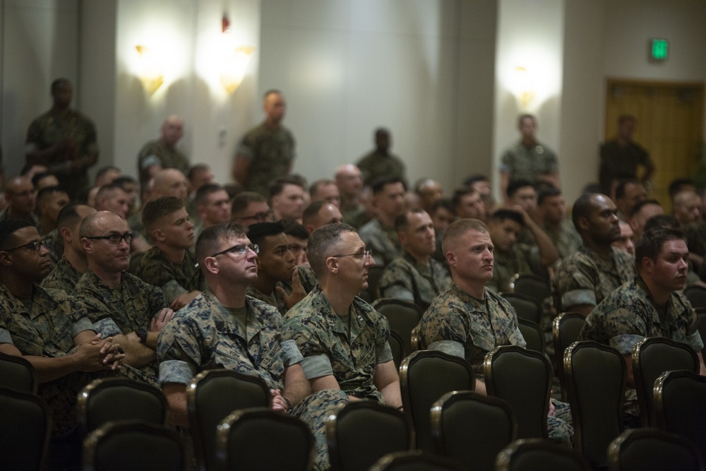 August Cole, co-author of “Ghost Fleet,” discusses future technological warfare with Marine information group in Okinawa