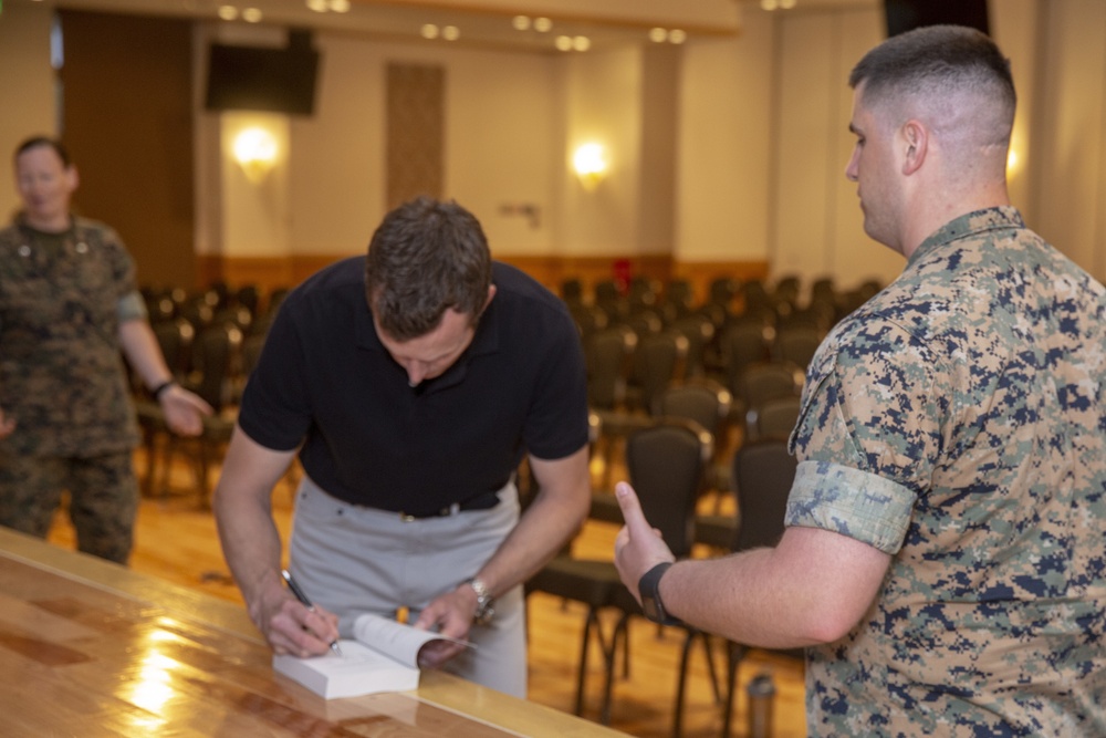 August Cole, co-author of “Ghost Fleet,” discusses future technological warfare with Marine information group in Okinawa