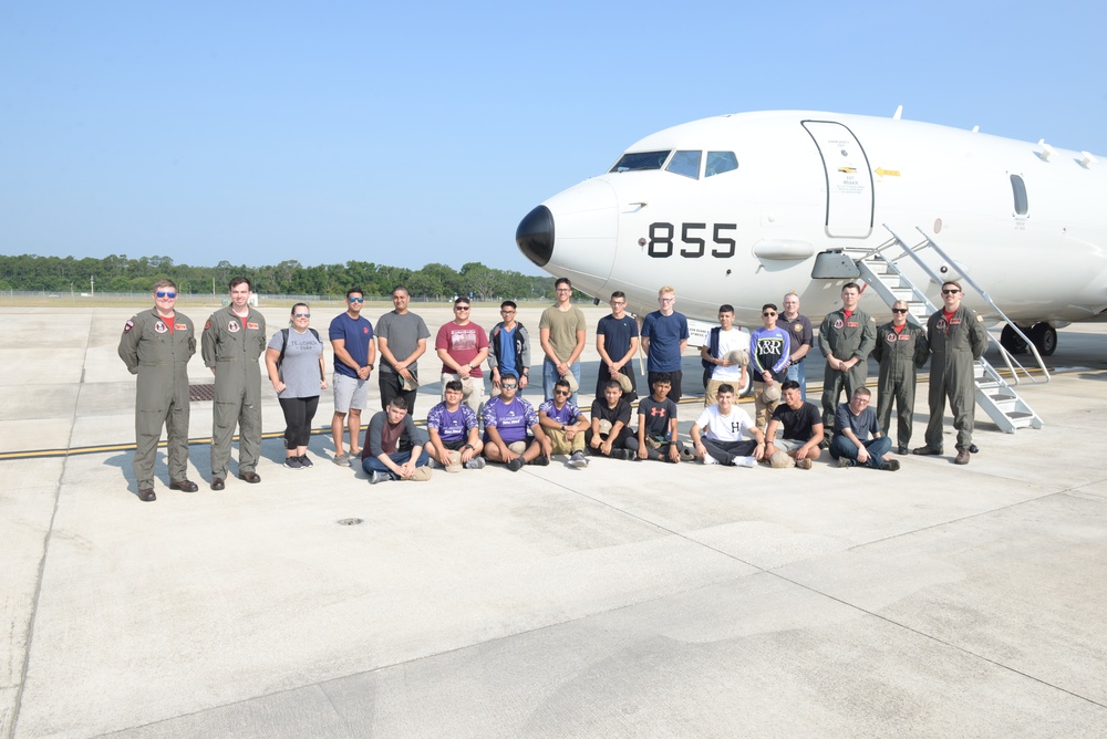 Tuloso Midway Cadets and VP-16 Aircrew in front of a P-8A