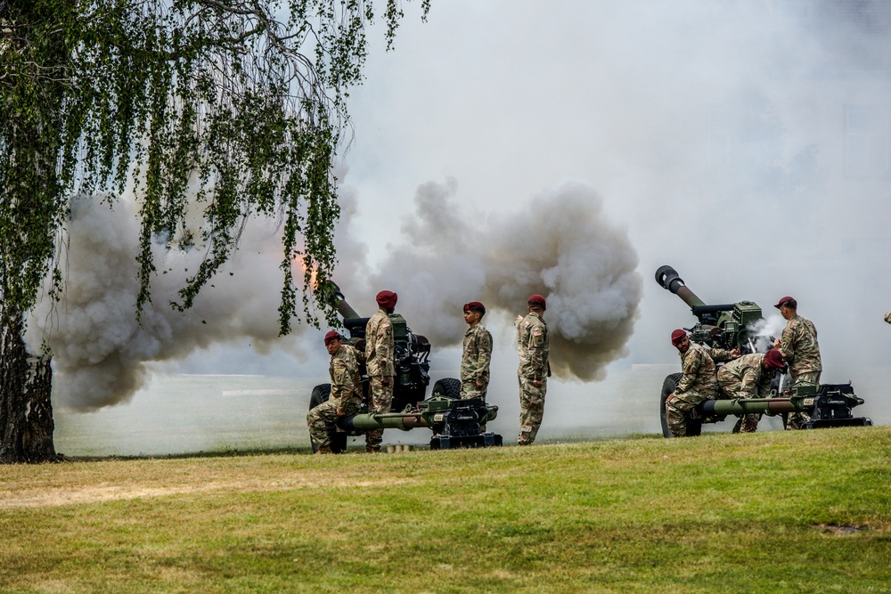 Salute Battery fires 105 mm Howitzers during Change of Command ceremony