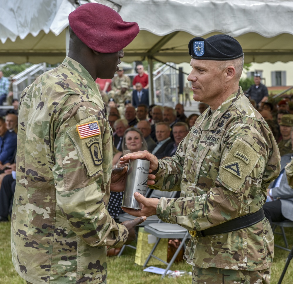 Brig. Gen. LaNeve receives the ”last round fired” at 7th ATC’s Change of Command ceremony