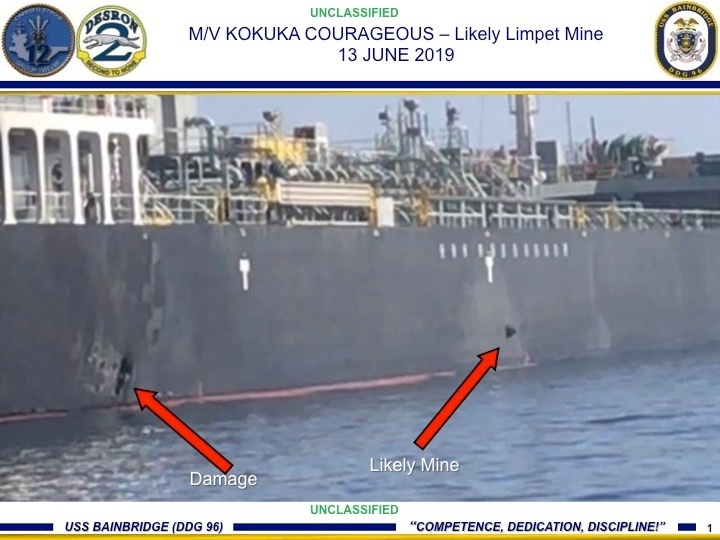 Damage from an explosion, left, and a likely limpet mine can be seen on the hull of the civilian vessel M/V Kokuka Courageous in the Gulf of Oman