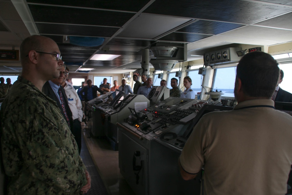 Members of the NATO Military Support Workshop toured the U.S.N.S. Watkins (T-AKR 315) while moored at Wharf Alpha on Joint Base Charleston, South Carolina