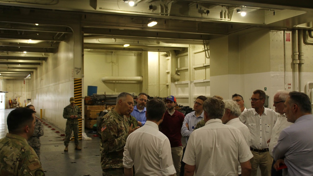 Members of the NATO Military Support Workshop toured the U.S.N.S. Watkins (T-AKR 315) while moored at Wharf Alpha on Joint Base Charleston, South Carolina