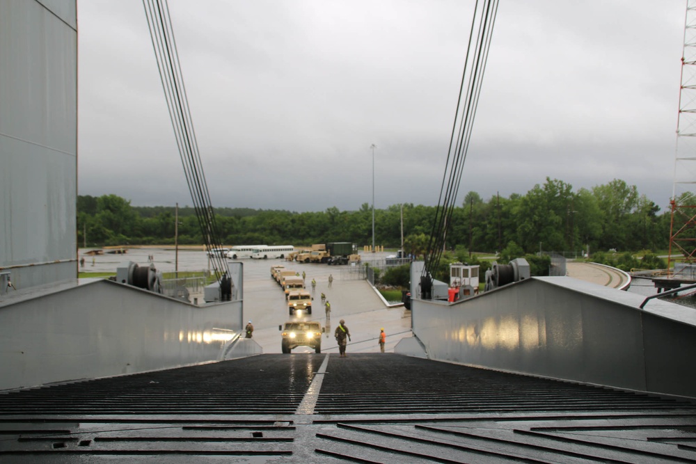 Soldiers and Marines load equipment aboard the U.S.N.S. Watkins (T-AKR 315) while moored at Wharf Alpha on Joint Base Charleston, South Carolina