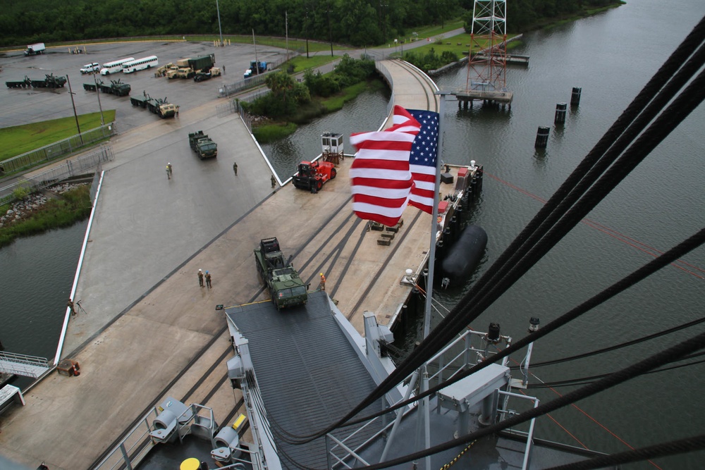 Soldiers and Marines load equipment aboard the U.S.N.S. Watkins (T-AKR 315) while moored at Wharf Alpha on Joint Base Charleston, South Carolina