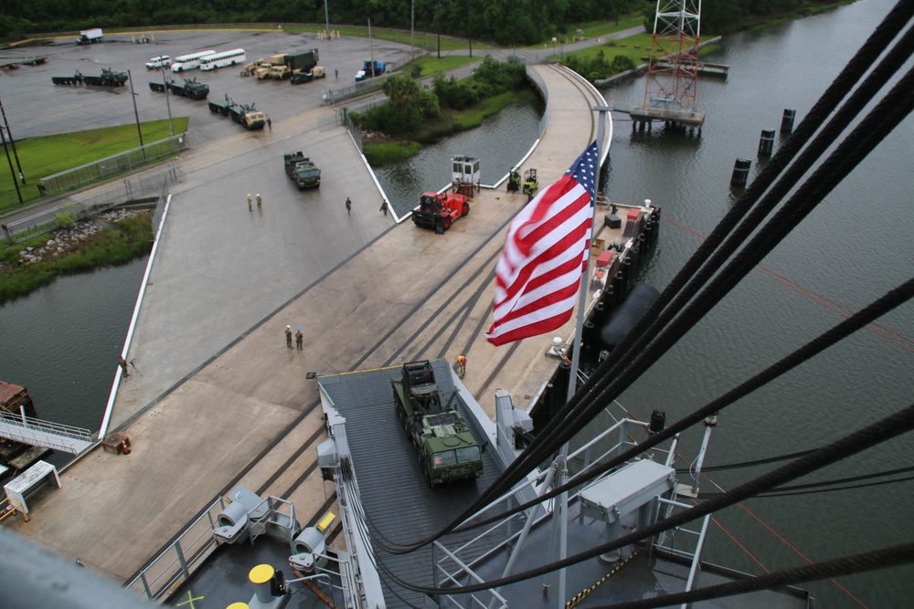 Soldiers and Marines load equipment aboard the U.S.N.S. Watkins (T-AKR 315) while moored at Wharf Alpha on Joint Base Charleston, South Carolina