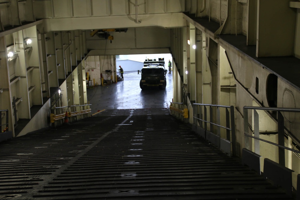 Soldiers and Marines load equipment aboard the U.S.N.S. Watkins (T-AKR 315) while moored at Wharf Alpha on Joint Base Charleston, South Carolina