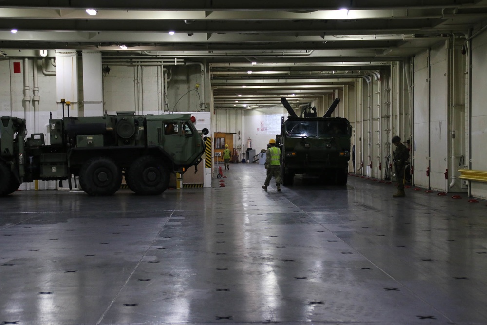 Soldiers and Marines load equipment aboard the U.S.N.S. Watkins (T-AKR 315) while moored at Wharf Alpha on Joint Base Charleston, South Carolina