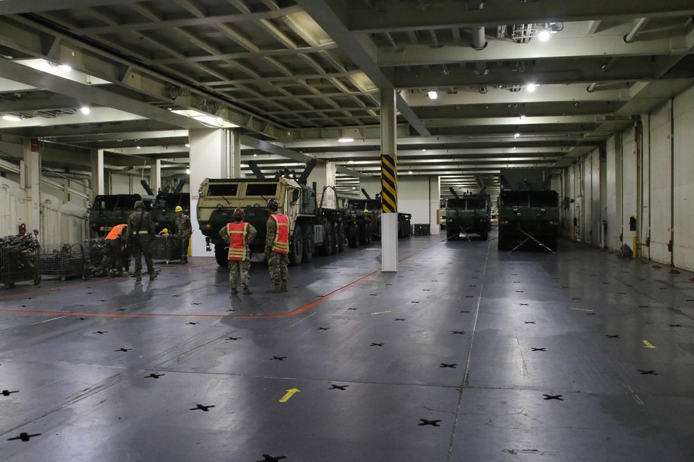 Soldiers and Marines load equipment aboard the U.S.N.S. Watkins (T-AKR 315) while moored at Wharf Alpha on Joint Base Charleston, South Carolina