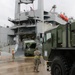 Soldiers and Marines load equipment aboard the U.S.N.S. Watkins (T-AKR 315) while moored at Wharf Alpha on Joint Base Charleston, South Carolina