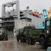 Soldiers and Marines load equipment aboard the U.S.N.S. Watkins (T-AKR 315) while moored at Wharf Alpha on Joint Base Charleston, South Carolina