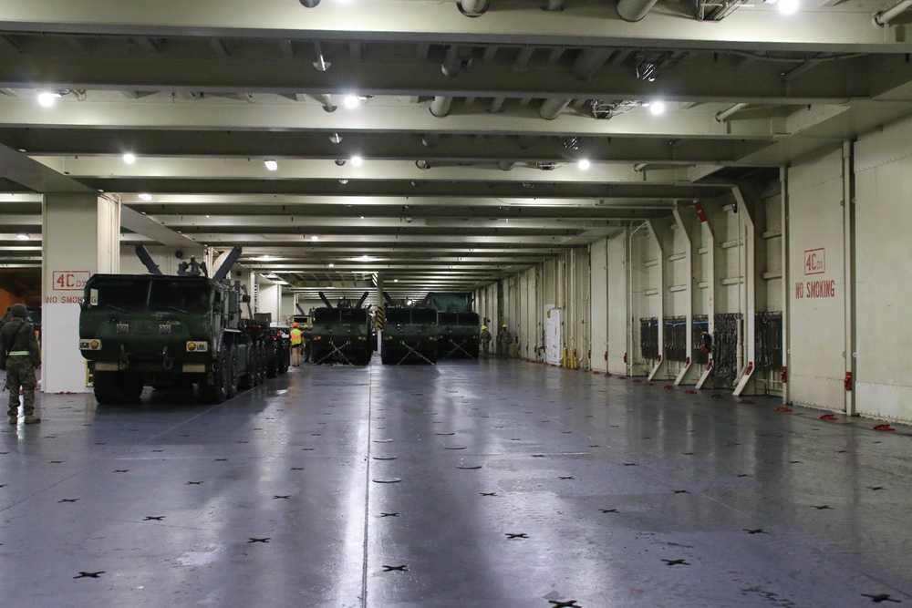 Soldiers and Marines load equipment aboard the U.S.N.S. Watkins (T-AKR 315) while moored at Wharf Alpha on Joint Base Charleston, South Carolina