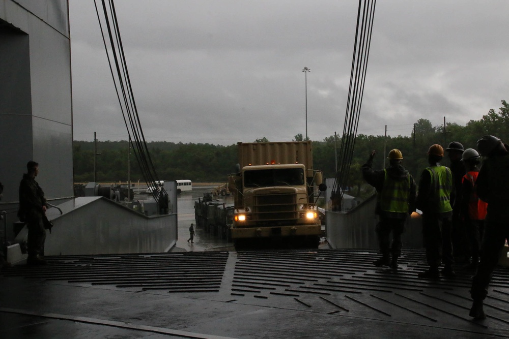 Soldiers and Marines load equipment aboard the U.S.N.S. Watkins (T-AKR 315) while moored at Wharf Alpha on Joint Base Charleston, South Carolina