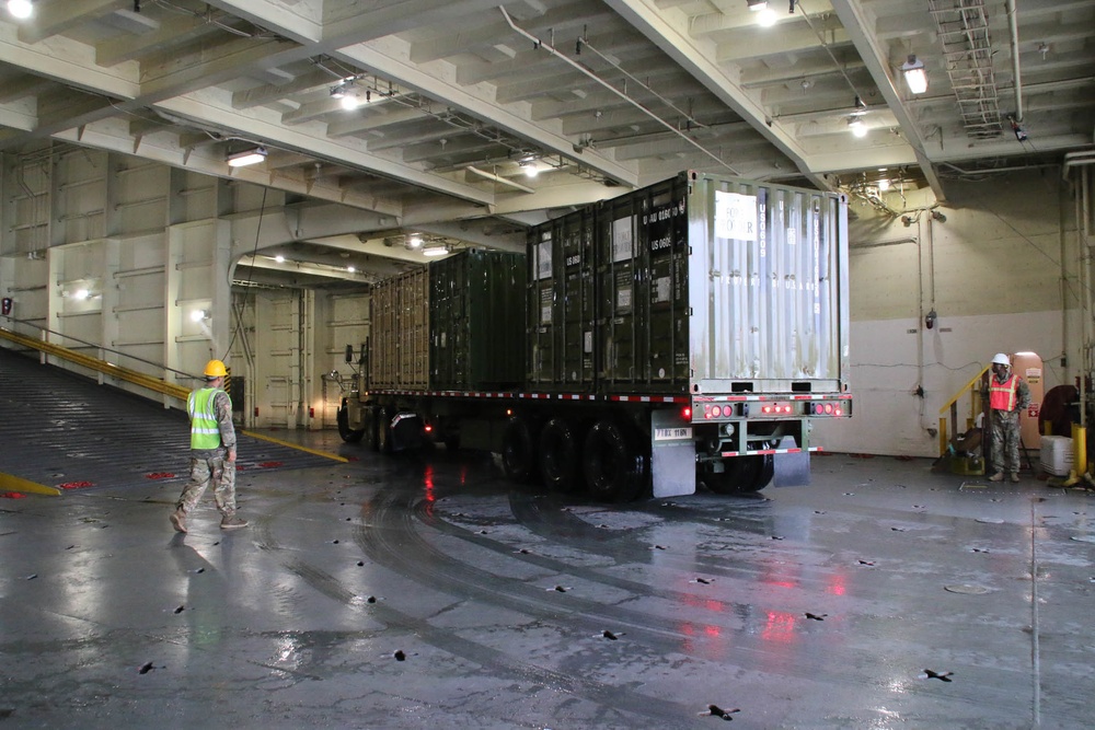 Soldiers and Marines load equipment aboard the U.S.N.S. Watkins (T-AKR 315) while moored at Wharf Alpha on Joint Base Charleston, South Carolina