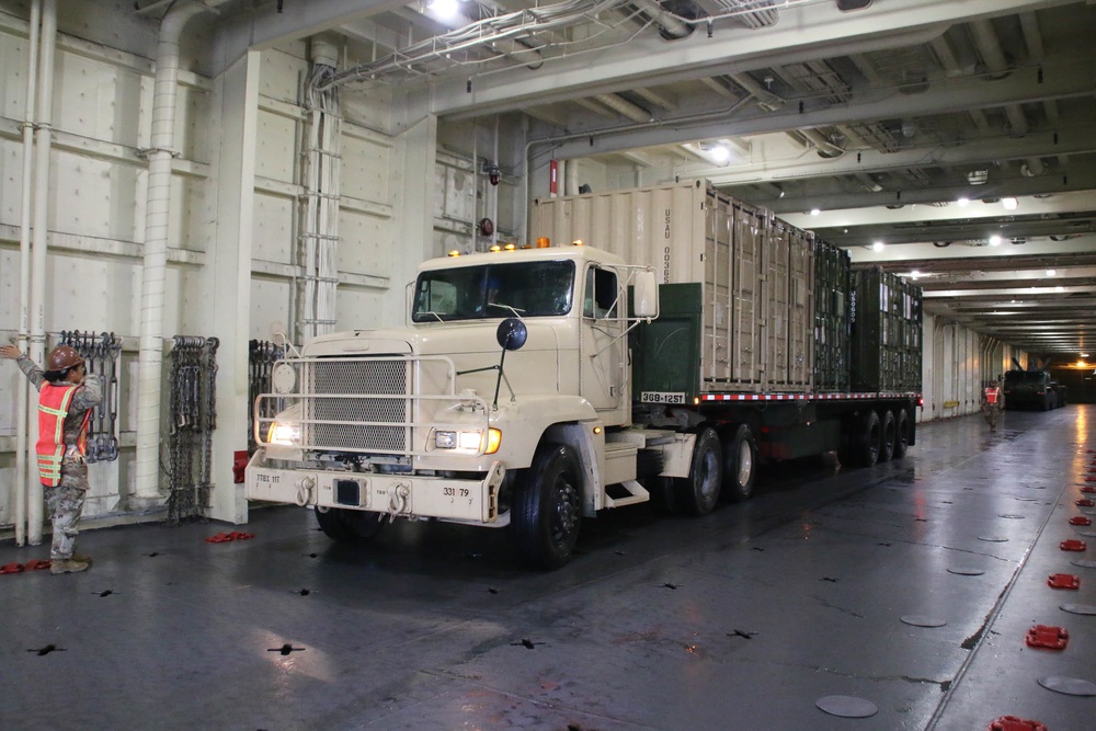 Soldiers and Marines load equipment aboard the U.S.N.S. Watkins (T-AKR 315) while moored at Wharf Alpha on Joint Base Charleston, South Carolina