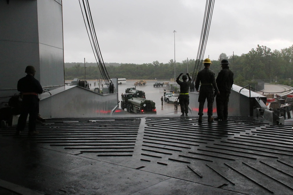 Soldiers and Marines load equipment aboard the U.S.N.S. Watkins (T-AKR 315) while moored at Wharf Alpha on Joint Base Charleston, South Carolina