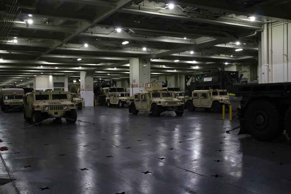 Soldiers and Marines load equipment aboard the U.S.N.S. Watkins (T-AKR 315) while moored at Wharf Alpha on Joint Base Charleston, South Carolina