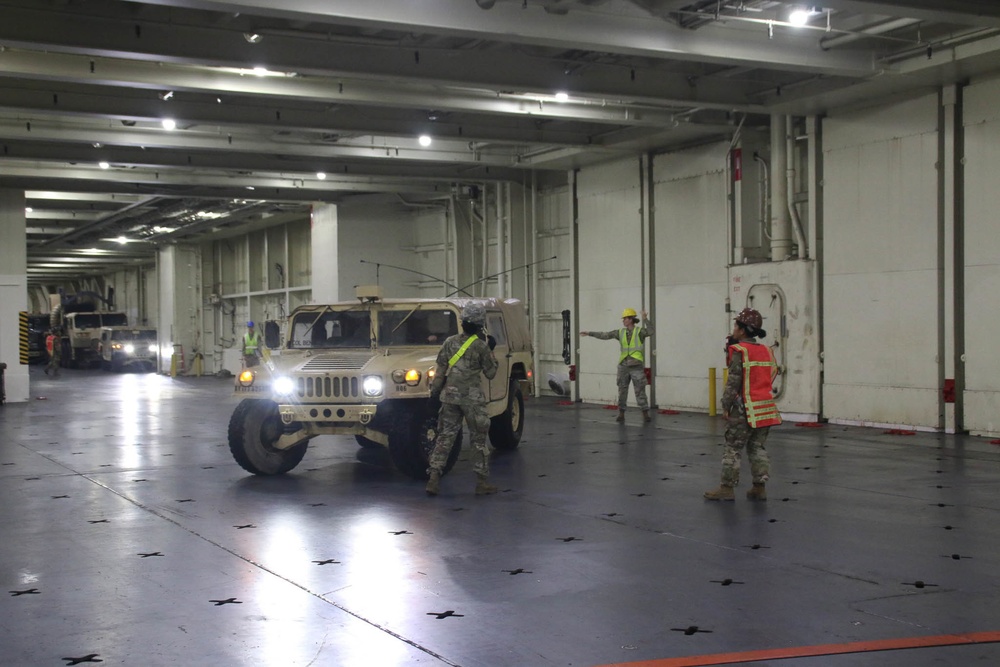 Soldiers and Marines load equipment aboard the U.S.N.S. Watkins (T-AKR 315) while moored at Wharf Alpha on Joint Base Charleston, South Carolina