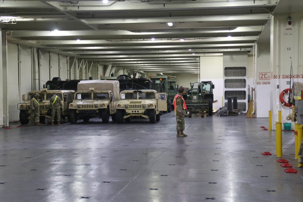 Soldiers and Marines load equipment aboard the U.S.N.S. Watkins (T-AKR 315) while moored at Wharf Alpha on Joint Base Charleston, South Carolina