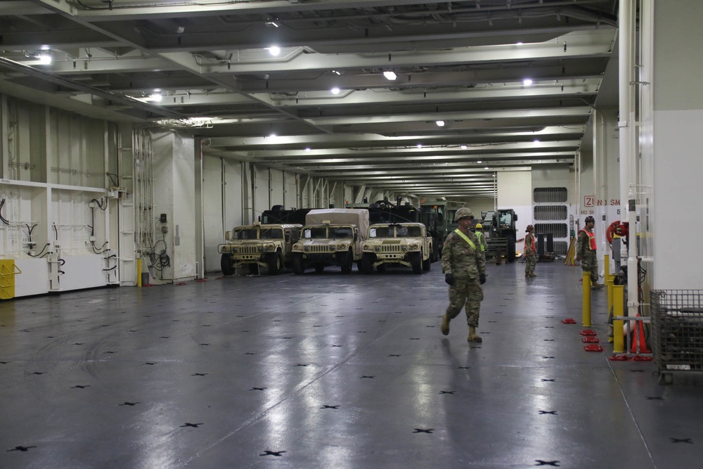 Soldiers and Marines load equipment aboard the U.S.N.S. Watkins (T-AKR 315) while moored at Wharf Alpha on Joint Base Charleston, South Carolina