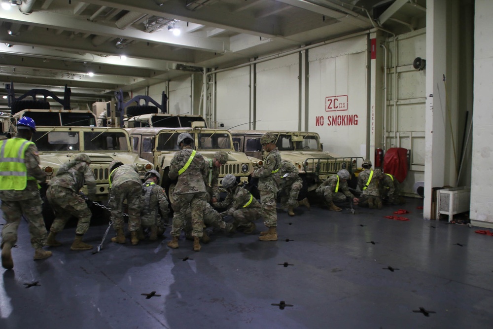 Soldiers and Marines load equipment aboard the U.S.N.S. Watkins (T-AKR 315) while moored at Wharf Alpha on Joint Base Charleston, South Carolina