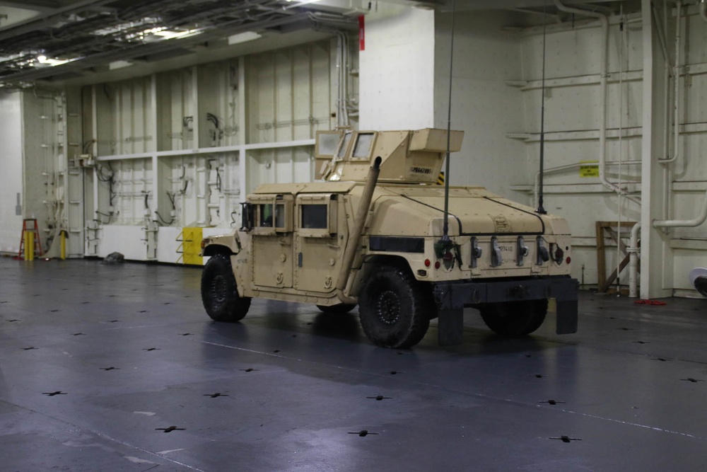 Soldiers and Marines load equipment aboard the U.S.N.S. Watkins (T-AKR 315) while moored at Wharf Alpha on Joint Base Charleston, South Carolina