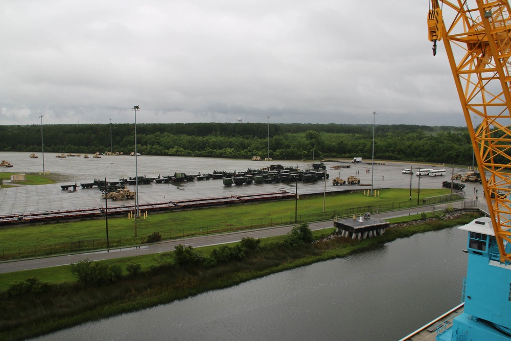 Soldiers and Marines load equipment aboard the U.S.N.S. Watkins (T-AKR 315) while moored at Wharf Alpha on Joint Base Charleston, South Carolina