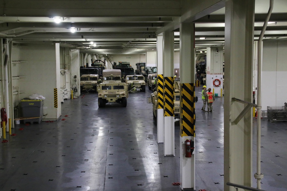 Soldiers and Marines load equipment aboard the U.S.N.S. Watkins (T-AKR 315) while moored at Wharf Alpha on Joint Base Charleston, South Carolina