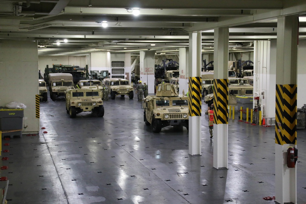 Soldiers and Marines load equipment aboard the U.S.N.S. Watkins (T-AKR 315) while moored at Wharf Alpha on Joint Base Charleston, South Carolina