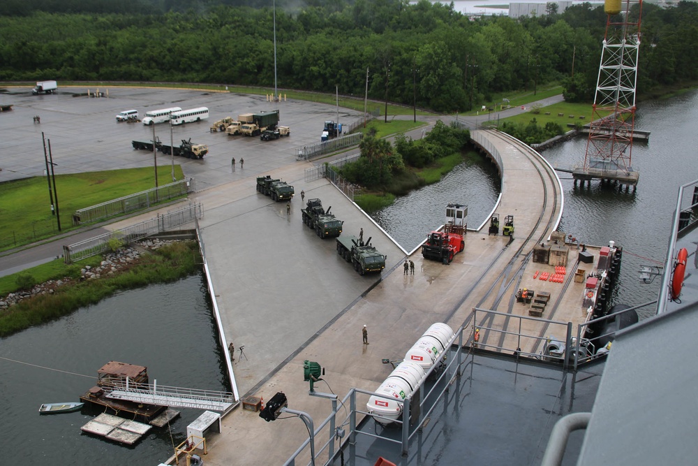 Soldiers and Marines load equipment aboard the U.S.N.S. Watkins (T-AKR 315) while moored at Wharf Alpha on Joint Base Charleston, South Carolina