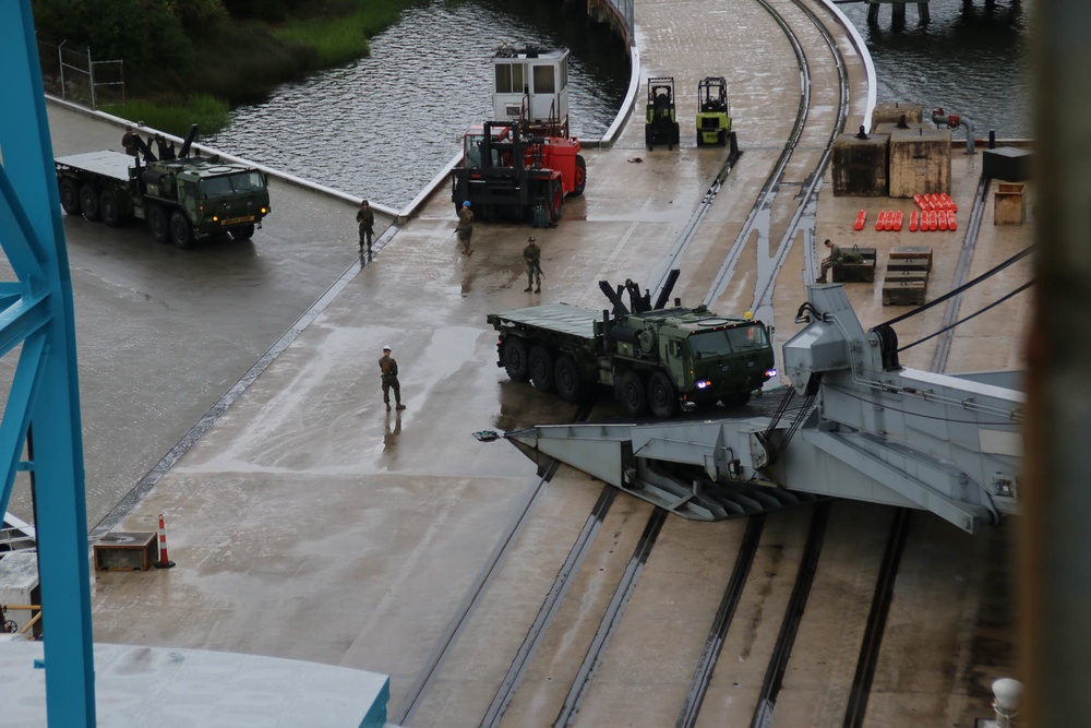 Soldiers and Marines load equipment aboard the U.S.N.S. Watkins (T-AKR 315) while moored at Wharf Alpha on Joint Base Charleston, South Carolina