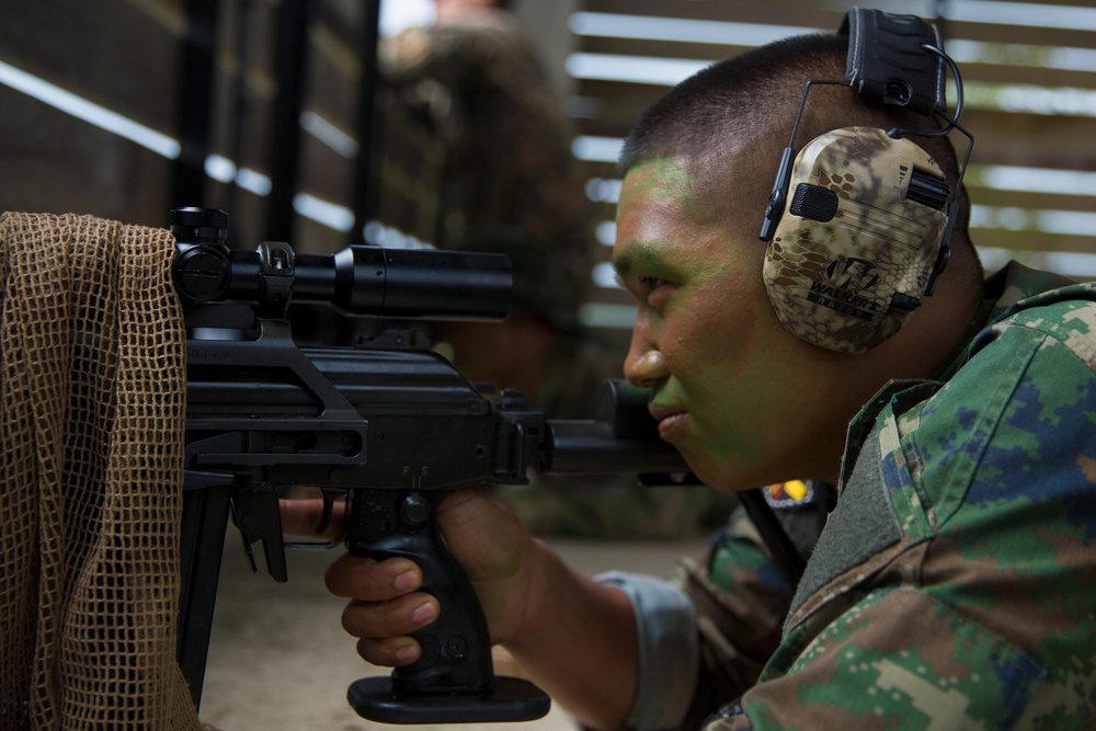 U.S. Marines and Royal Thai Marines practice long range marksmanship
