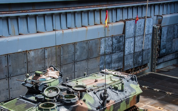 The image shows military armored personnel carriers (APCs) stored inside what appears to be the well deck of a naval amphibious assault ship. The primary vehicle in the foreground bears the number '212' and is painted in a green and brown camouflage pattern. A flag with red and yellow colors is visible on an antenna, suggesting a Spanish military affiliation.