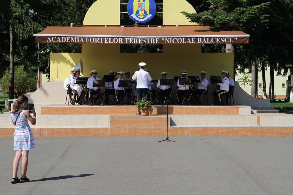 Romanian military band play at static display event in Sibiu, Romania