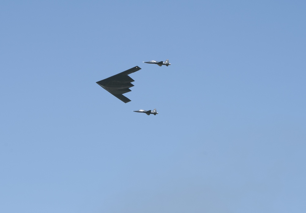 B-2 Stealth Bomber, T-38 Talons fly together during 2019 Wings Over Whiteman Air and Space Show