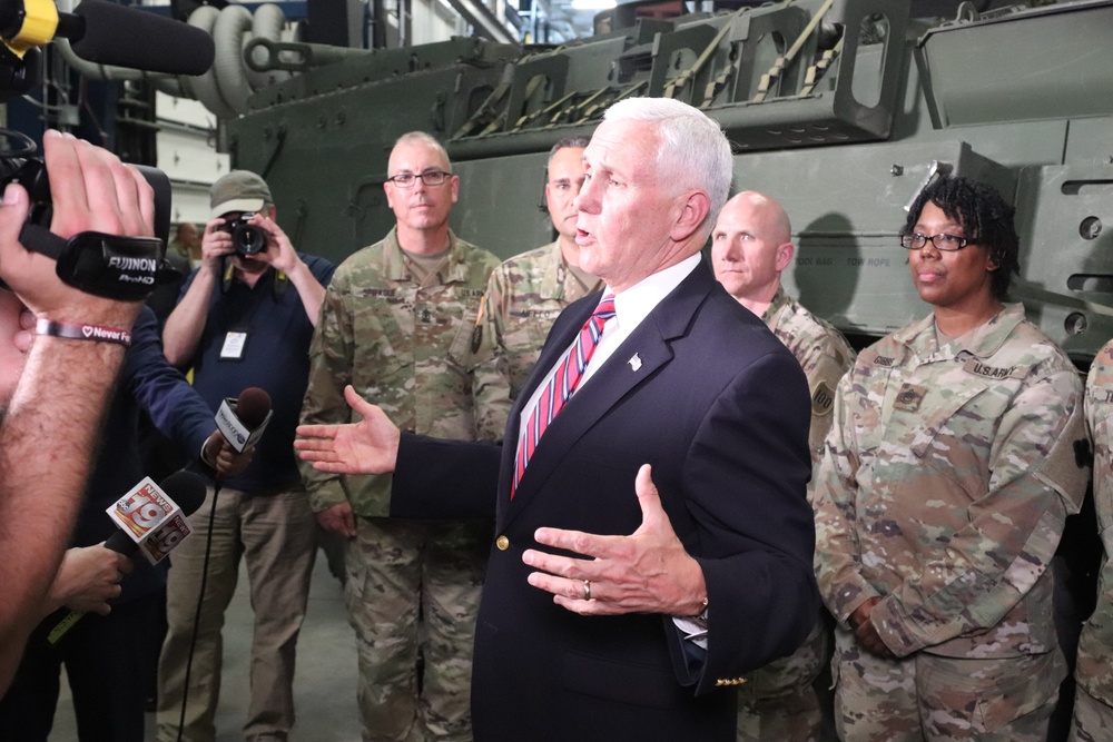 Vice President Mike Pence meets with media during Fort McCoy visit