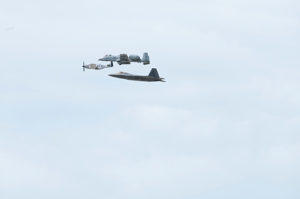 P-51 Mustang, A-10 Thunderbolt II, F-22 Raptor perform heritage flight during 2019 Wings Over Whiteman Air and Space Show