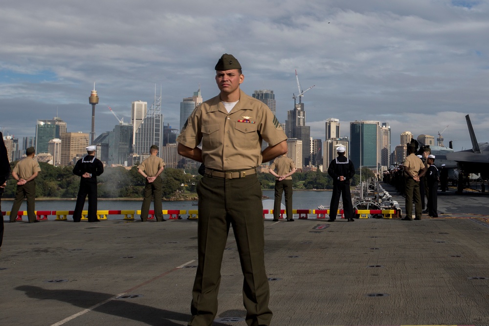 Marines, Sailors man the rails aboard USS Wasp into Sydney