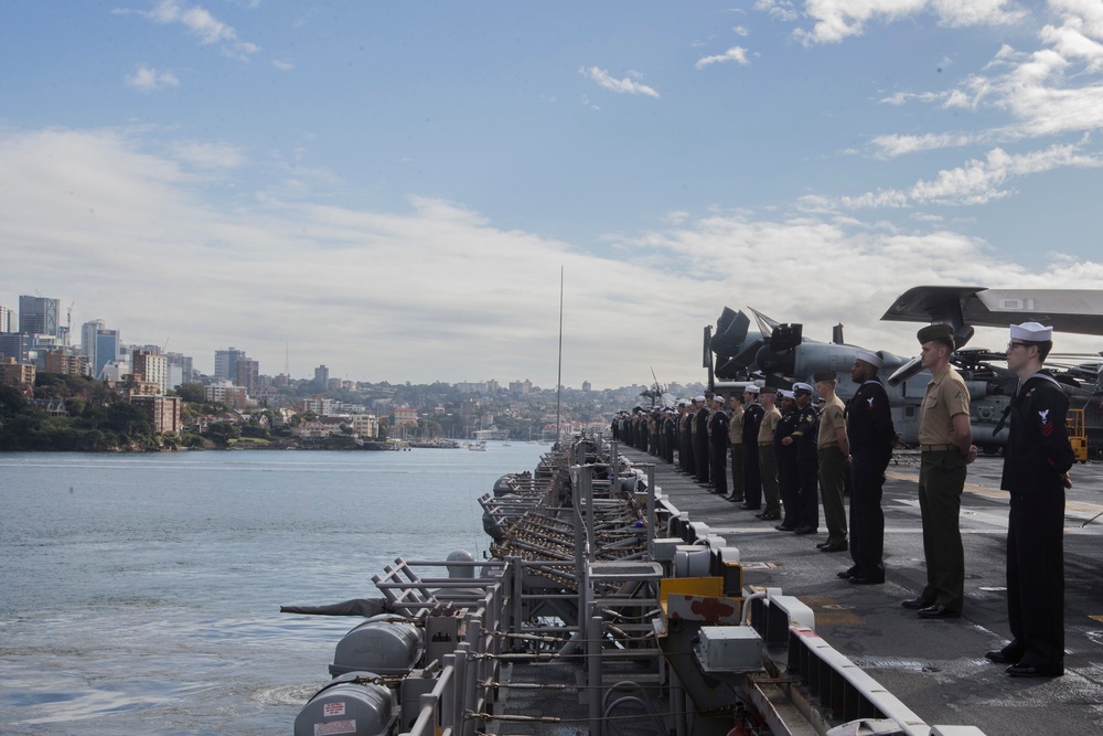 Marines, Sailors man the rails aboard USS Wasp into Sydney