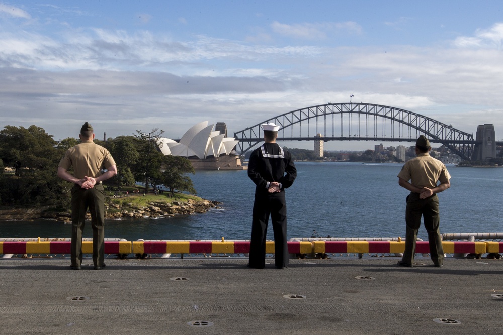 Marines, Sailors man the rails aboard USS Wasp into Sydney