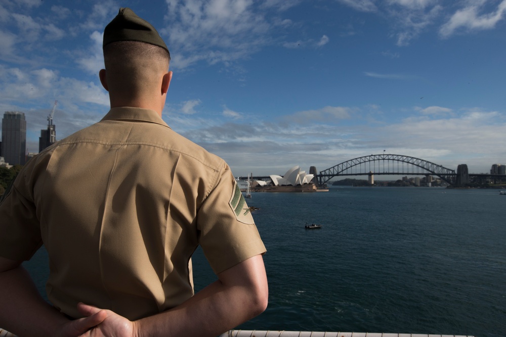 Marines, Sailors man the rails aboard USS Wasp into Sydney