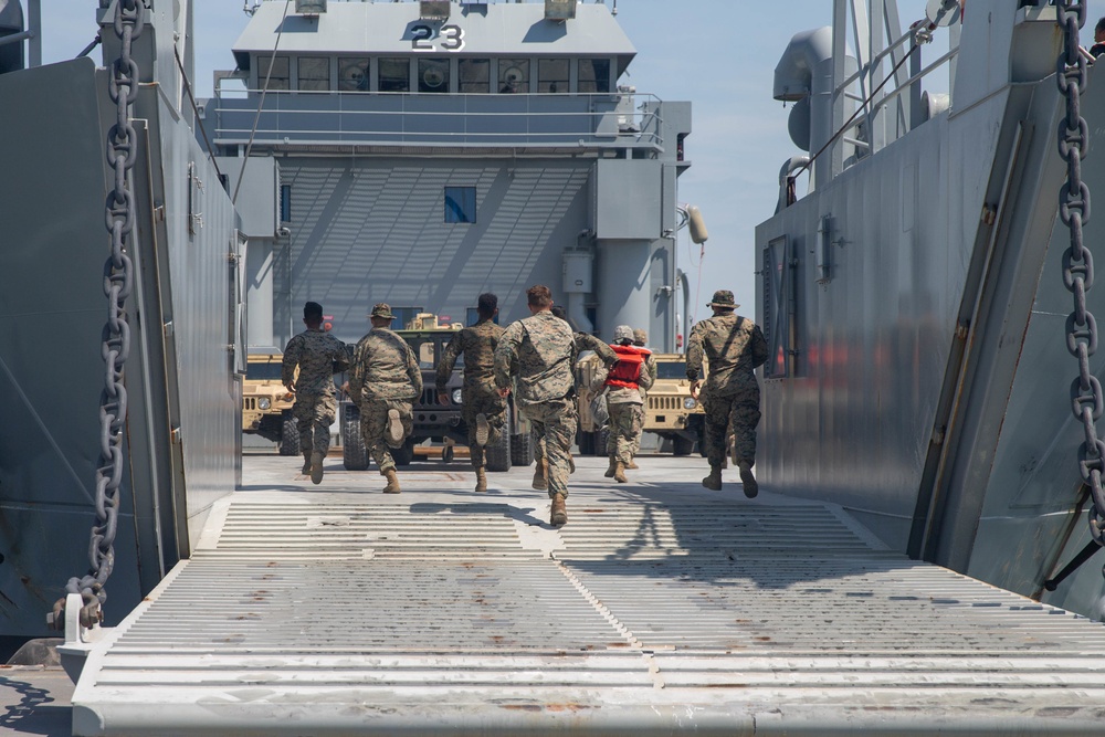 Marines with 2nd Transportation Support Battalion off Load Vehicles of a Trident Pier during Resolute Sun